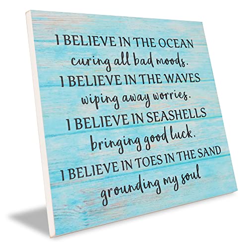 I Believe in The Ocean Curing All Bad Moods, I Believe in The Waves Washing Away Worries - 7.87" X 7.87" Family Wood Sign, Beach Bathroom, Bedroom Gift, Beach Classroom Gift, Ocean Gift, Sea Gift