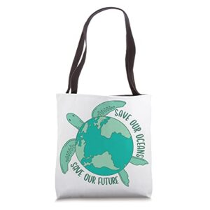 turtle with earth save our oceans save our future tote bag