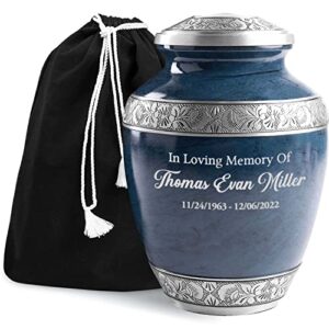 personalized cremation urn for adult human ashes – custom engraved name large handcrafted funeral memorial with striking blue design (aluminum – 10 inch height x 7 inch width)