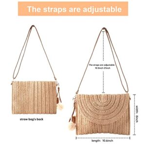 Konikit Straw Shoulder Bag for Women Hand-woven Summer Straw Crossbody Bag Beach Wallet khaki