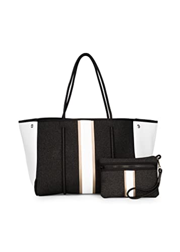 Haute Shore - Greyson Bravo Neoprene Tote Bag w/Zipper Wristlet Inside, Black Denim W/Rosegold & White Stripe