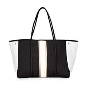 Haute Shore - Greyson Bravo Neoprene Tote Bag w/Zipper Wristlet Inside, Black Denim W/Rosegold & White Stripe