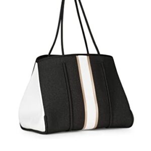 Haute Shore - Greyson Bravo Neoprene Tote Bag w/Zipper Wristlet Inside, Black Denim W/Rosegold & White Stripe