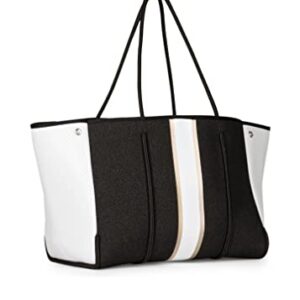 Haute Shore - Greyson Bravo Neoprene Tote Bag w/Zipper Wristlet Inside, Black Denim W/Rosegold & White Stripe