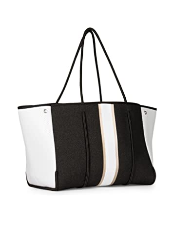 Haute Shore - Greyson Bravo Neoprene Tote Bag w/Zipper Wristlet Inside, Black Denim W/Rosegold & White Stripe