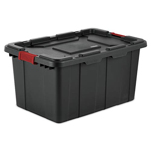 Sterilite 14649006 15 Gallon/57 Liter Industrial Tote, Black Lid & Base w/ Racer Red Latches, 6-Pack & 14669004 27 Gallon/102 Liter Industrial Tote, Black Lid & Base w/ Racer Red Latches, 4-Pack