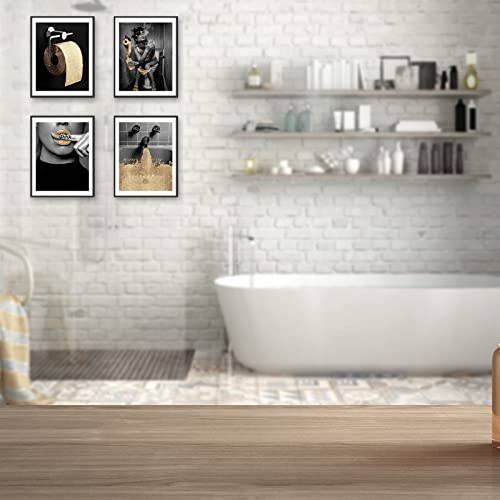 Admmixoo Bathroom Decor Wall Art Prints Glam Glitter Tissue Black Gold Funny Bathroom Toilet Paper Artwork for Wall Black White Yellow Modern Fashion Art Gallery Wall Set (8"x10" UNFRAMED)