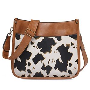 women shoulder crossbody bag vintage handbags purse with leopard guitar strap medium satchel hobo bag, cow pattern