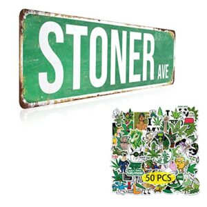 moriso stoner ave tin sign 3.74×15.5 inch (with weed stickers 50pcs) weed decor stoner accessories sign vintage rustic retro gifts weed posters for living room decoration laptop luggage skateboard