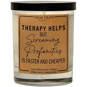 funny candle – therapy helps profanity is faster and cheaper – luxury scented soy jar candle, gifts for women, birthday gift for her, best friend gift , best friend candles, funny gifts