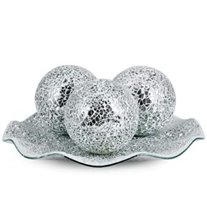 mdluu centerpiece bowl and balls set, mosaic tray with 3 pieces spheres, 12″ decorative plate with 4″ mosaic orbs for home decor, gift (silver)