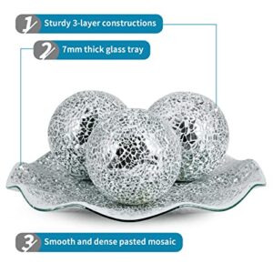 MDLUU Centerpiece Bowl and Balls Set, Mosaic Tray with 3 Pieces Spheres, 12" Decorative Plate with 4" Mosaic Orbs for Home Decor, Gift (Silver)