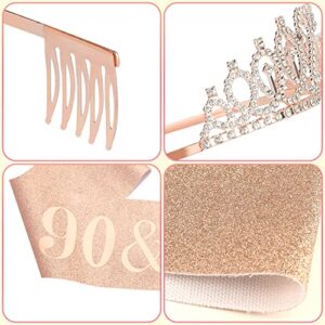 LUTER 5pcs 90th Birthday Crown and Sash Set, Sweet Rhinestone Tiara Queen Sash with Pin Cake Toppers Candles Birthday Decorations for Girls Women (Pink)