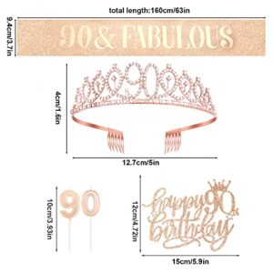 LUTER 5pcs 90th Birthday Crown and Sash Set, Sweet Rhinestone Tiara Queen Sash with Pin Cake Toppers Candles Birthday Decorations for Girls Women (Pink)