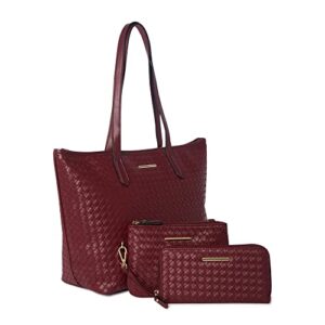 time tru time and tru women’s woven faux leather 3-piece handbag set tote, wristlet and wallet (burgundy brick)