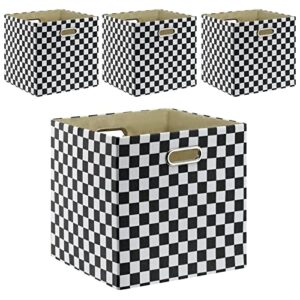 fboxac cube storage bins 13×13 polyester foldable box with handles, collapsible organization basket set of 4 large capacity drawer for closet shelf cabinet bookcase bedroom, checkerboard black & white