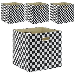 Fboxac Cube Storage Bins 13×13 Polyester Foldable Box with Handles, Collapsible Organization Basket Set of 4 Large Capacity Drawer for Closet Shelf Cabinet Bookcase Bedroom, Checkerboard Black & White