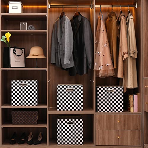 Fboxac Cube Storage Bins 13×13 Polyester Foldable Box with Handles, Collapsible Organization Basket Set of 4 Large Capacity Drawer for Closet Shelf Cabinet Bookcase Bedroom, Checkerboard Black & White