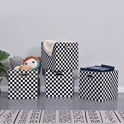 Fboxac Cube Storage Bins 13×13 Polyester Foldable Box with Handles, Collapsible Organization Basket Set of 4 Large Capacity Drawer for Closet Shelf Cabinet Bookcase Bedroom, Checkerboard Black & White