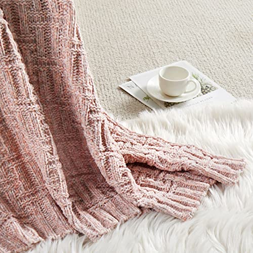 Milvowoc Fluffy Chenille Knitted Throw Blanket 50 x 60 Inch Impressive Texture Dusty Rose Chenille Knit Blanket for Bed Sofa Couch Chair and Living Room