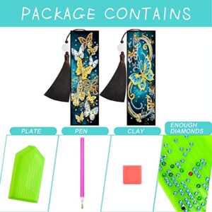 Alloyseed 2pcs Diamond Painting Bookmarks with Tassel for Office School Flower Animal Beaded Bookmark Kits DIY Special Shaped Diamond Art Craft Leather Bookmark Gift for Adults Kids Students Girls