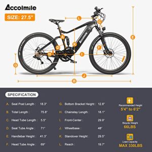 Accolmile 27.5" Electric Mountain Bike : ColaBear Adult Ebike with 8fun 48V 750W Mid Drive Motor & 17.5Ah Removable Lithium Battery & DPC18 Display, Shimano 8 Speed Gears (Black)