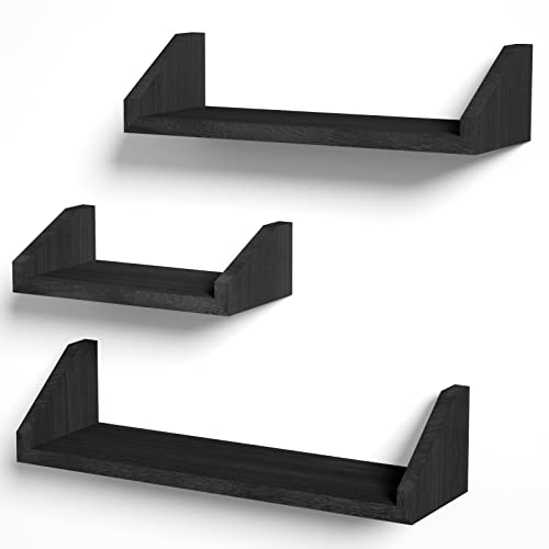 SRIWATANA Floating Shelves Wall Mounted Set of 3, Solid Wood Wall Shelf Display Ledge Storage Shelves for Living Room Kitchen Bathroom, Black