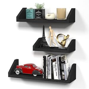 SRIWATANA Floating Shelves Wall Mounted Set of 3, Solid Wood Wall Shelf Display Ledge Storage Shelves for Living Room Kitchen Bathroom, Black