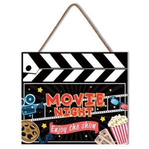 lhiuem movie night home theatre wall art,enjoy the show wood hanging plaque movie slate wood sign decor,popcorn poster vintage film painting for living room theater cinema decor(10”x11.5”)