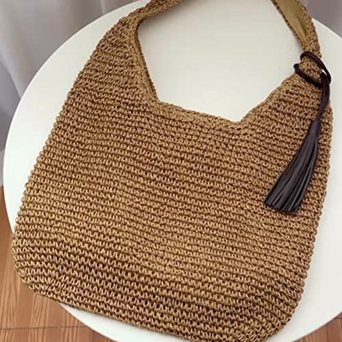 JQWSVE Straw Bag for Women Summer Beach Bag Soft Woven Tote Bag Large Rattan Shoulder Bag for Vacation