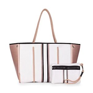 Haute Shore - Greyson Diva Neoprene Tote Bag w/Zipper Wristlet Inside, White W/Black, Rosegold & White Stripe