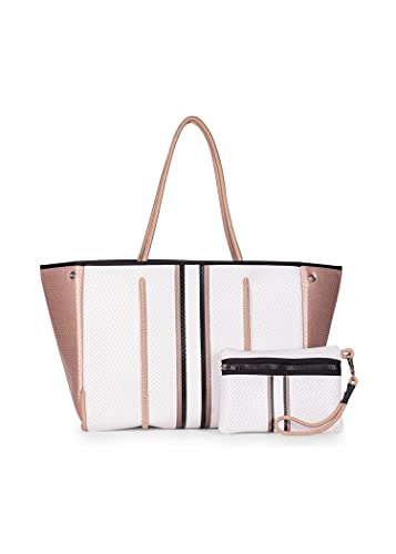 Haute Shore - Greyson Diva Neoprene Tote Bag w/Zipper Wristlet Inside, White W/Black, Rosegold & White Stripe