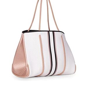 Haute Shore - Greyson Diva Neoprene Tote Bag w/Zipper Wristlet Inside, White W/Black, Rosegold & White Stripe