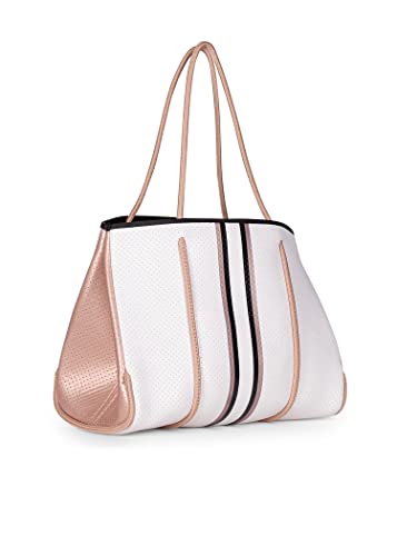 Haute Shore - Greyson Diva Neoprene Tote Bag w/Zipper Wristlet Inside, White W/Black, Rosegold & White Stripe