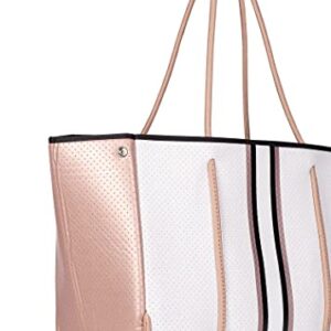 Haute Shore - Greyson Diva Neoprene Tote Bag w/Zipper Wristlet Inside, White W/Black, Rosegold & White Stripe