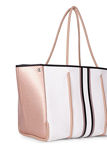 Haute Shore - Greyson Diva Neoprene Tote Bag w/Zipper Wristlet Inside, White W/Black, Rosegold & White Stripe