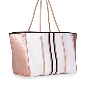 Haute Shore - Greyson Diva Neoprene Tote Bag w/Zipper Wristlet Inside, White W/Black, Rosegold & White Stripe