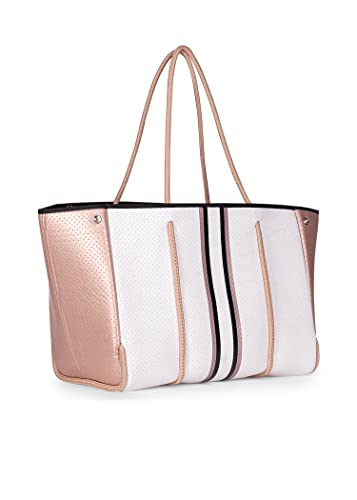 Haute Shore - Greyson Diva Neoprene Tote Bag w/Zipper Wristlet Inside, White W/Black, Rosegold & White Stripe