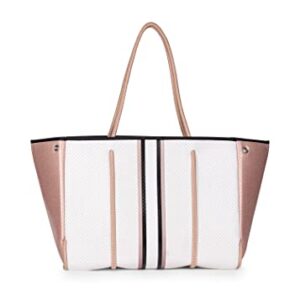 Haute Shore - Greyson Diva Neoprene Tote Bag w/Zipper Wristlet Inside, White W/Black, Rosegold & White Stripe