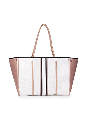 Haute Shore - Greyson Diva Neoprene Tote Bag w/Zipper Wristlet Inside, White W/Black, Rosegold & White Stripe