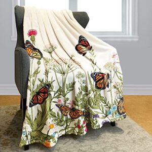 yisumei floral butterfly and vintage herbs plants green garden nature blanket tufted floral print throw blanket soft cozy for girl women adult gift for birthday 60″x80″