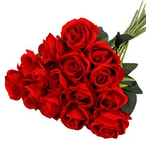 cewor 15pcs artificial roses with stems red roses valentine’s artificial flowers decorations for mothers day bridal bouquet wedding party home decor (red)
