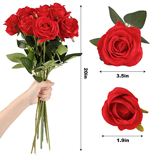 CEWOR 15pcs Artificial Roses with Stems Red Roses Valentine's Artificial Flowers Decorations for Mothers Day Bridal Bouquet Wedding Party Home Decor (Red)