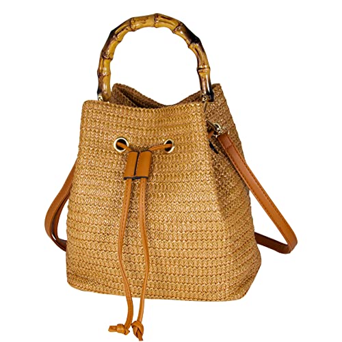 Hirooms Women Beach Bag Straw Woven Shoulder Bag Tote Bag Crossbody Bucket Handbags Summer Handmade Hobo Purse Bamboo Handle (Brown)