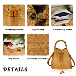 Hirooms Women Beach Bag Straw Woven Shoulder Bag Tote Bag Crossbody Bucket Handbags Summer Handmade Hobo Purse Bamboo Handle (Brown)