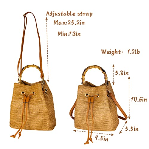 Hirooms Women Beach Bag Straw Woven Shoulder Bag Tote Bag Crossbody Bucket Handbags Summer Handmade Hobo Purse Bamboo Handle (Brown)