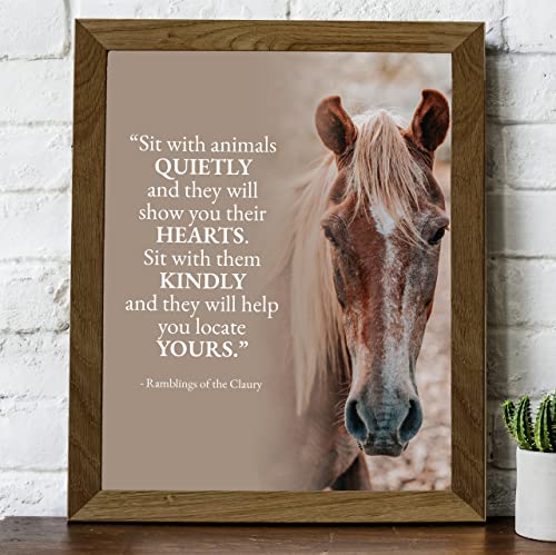 "Sit With Animals Quietly" Inspirational Wall Art Sign -8 x 10" Rustic Typographic Poster Print w/Horse Image-Ready to Frame. Home-Office-Country-Barn Decor. Perfect Gift for Vets & Horse Lovers!