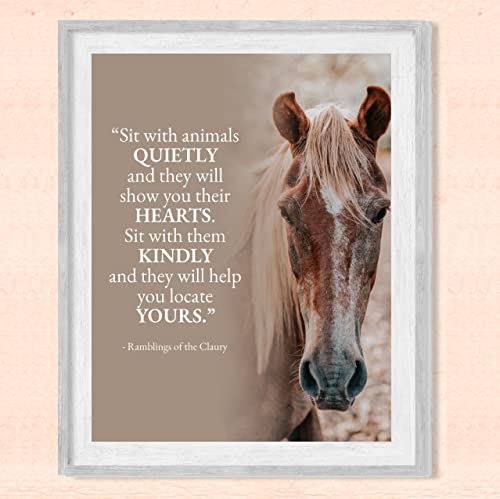 "Sit With Animals Quietly" Inspirational Wall Art Sign -8 x 10" Rustic Typographic Poster Print w/Horse Image-Ready to Frame. Home-Office-Country-Barn Decor. Perfect Gift for Vets & Horse Lovers!