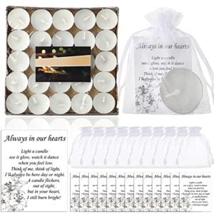 coume 50 set funeral favors memorial tealight candles unscented white candles funeral gift candles with condolence bereavement cards and organza bags for guest furneral party (minimalist)