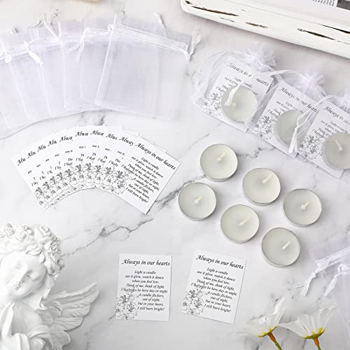 Coume 50 Set Funeral Favors Memorial Tealight Candles Unscented White Candles Funeral Gift Candles with Condolence Bereavement Cards and Organza Bags for Guest Furneral Party (Minimalist)